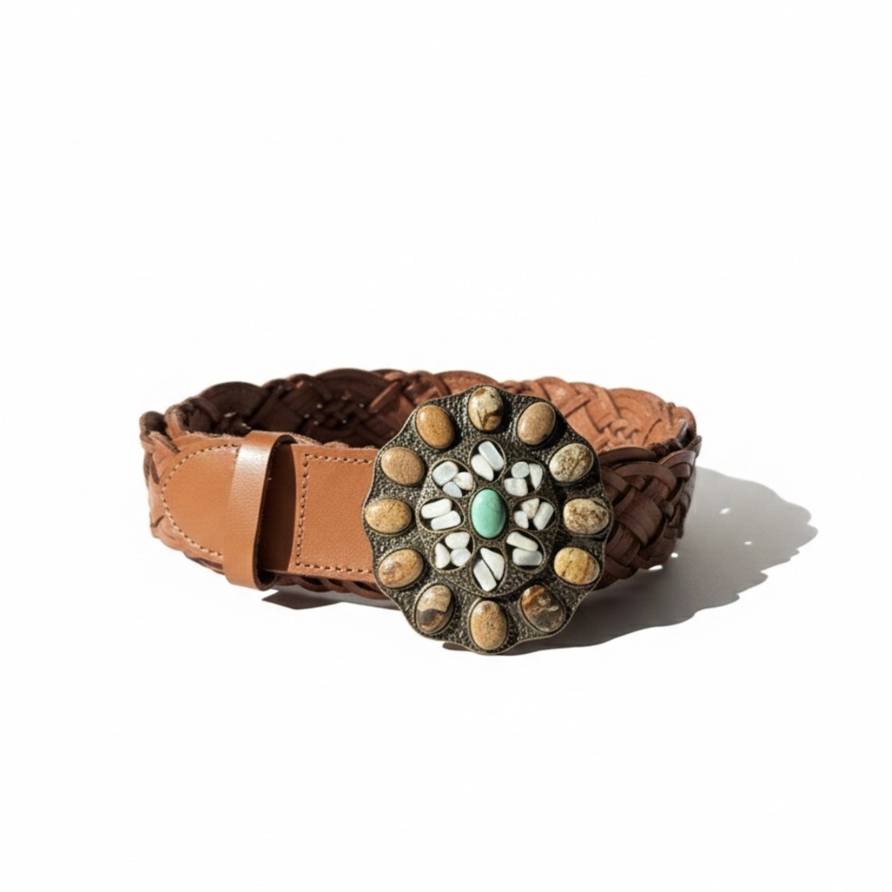 CAbi Brown Leather Woven Belt with Stone Embellished Buckle. Size medium